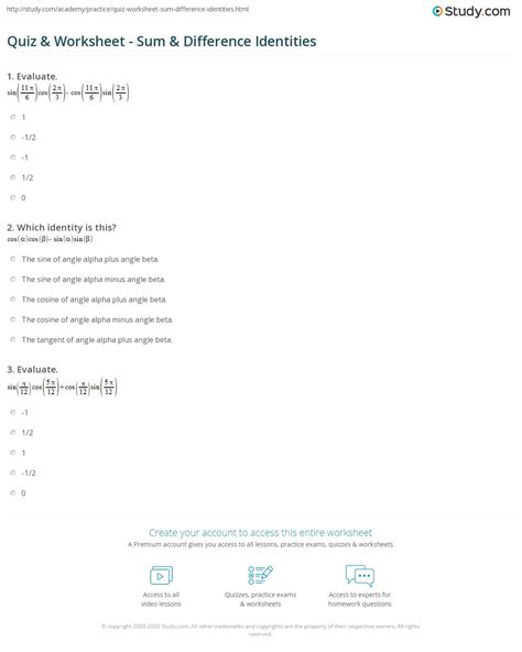 Quiz & Worksheet - Sum & Difference Identities | Study.com