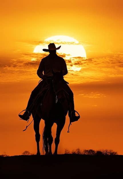 Silhueta De Um Cowboy Montando Um Cavalo Durante O P R Do Sol Foto