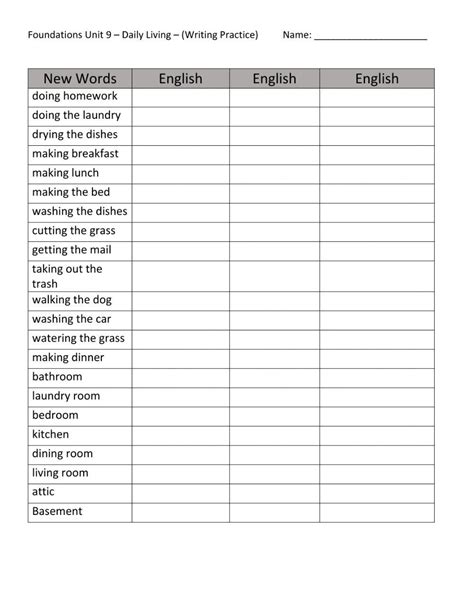 Unit 9 Daily Living New Vocab Worksheet Live Worksheets