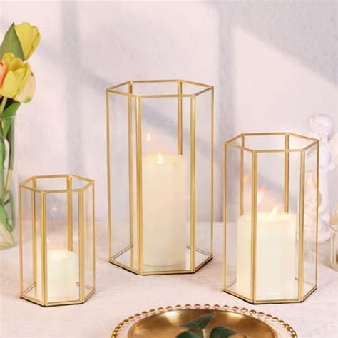 Lamort 3 Pcs Hurricane Glass Candle Holders Hexagon Gold Pillar Candle Holder