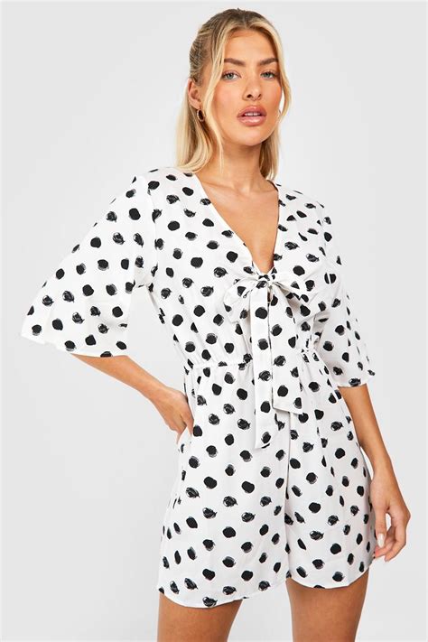 Womens Polka Dot Tie Front Woven Playsuit Boohoo Uk