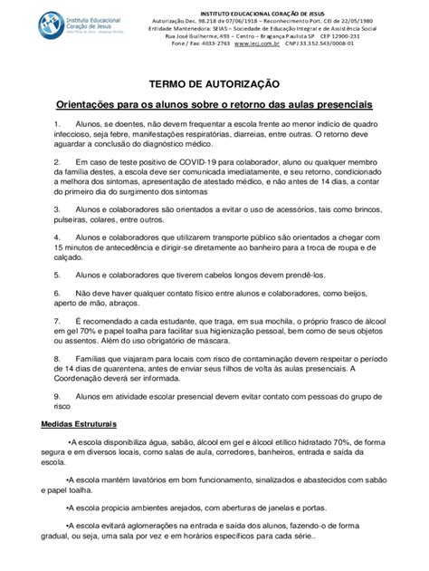 Fillable Online Termo De Autorizao Orientaes Para Os Alunos Fax