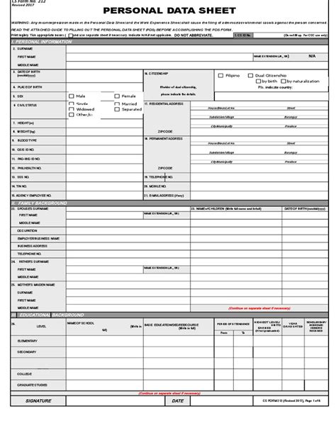 Pds Cs Form No 212 Revised Personal Data Sheet 2 Pdf Crime