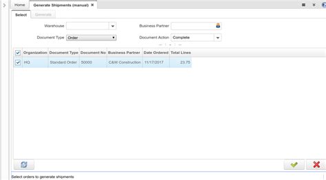 Generate Shipments Manual Form Id 110 Idempiere En