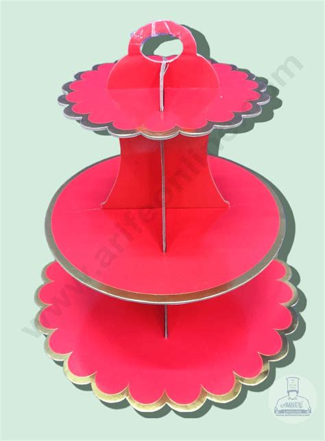 Cake Decor™ 3 Tier Cardboard Cupcake Stand Red With Golden Border De Arife Online Store