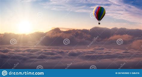 Hot Air Balloon Flying Over Puffy Clouds Dramatic Sunrise Sky Stock Illustration Illustration
