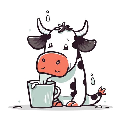 Une Mignonne Vache Buvant Du Lait Dans Une Tasse Illustration De Dessin