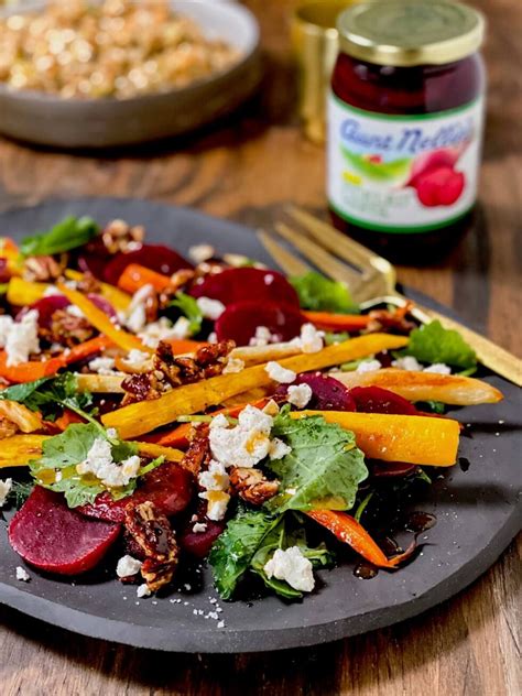 Beet And Roasted Carrot Salad With Kale Spicy Pecans And Goat Cheese Aunt Nellie S