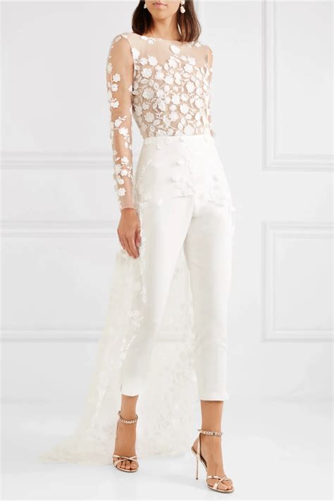 White Patsy Lace Trimmed Embroidered Tulle And Crepe Jumpsuit Rime