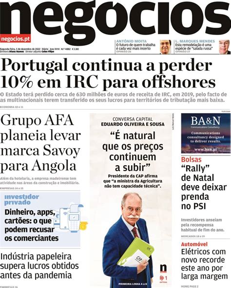 Capa Jornal De Negócios 5 Dezembro 2022 Capasjornaispt