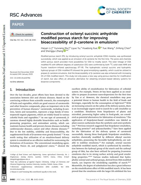 Pdf Construction Of Octenyl Succinic Anhydride Modified Porous Starch For Improving