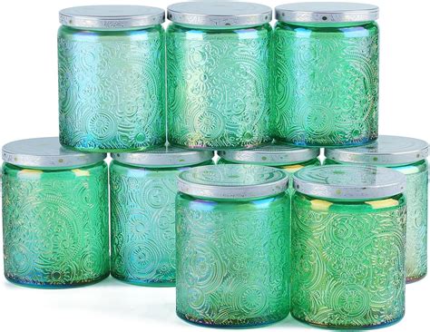 9 Sun Moon Stars Embossed Glass Candle Container With Lid And Labels 8 Oz Emerald