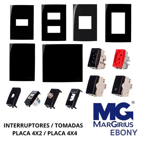 Kit Tomada Interruptor Margirius Sleek Ebony Preto Brilhante Linha