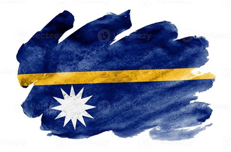 Nauru Flag Is Depicted In Liquid Watercolor Style Isolated On White