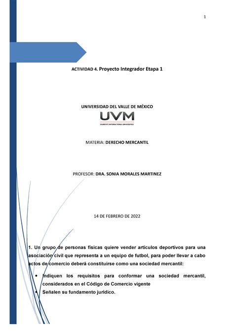 Actividad 4 Proyecto 1 Derecho Mercantil Uvm ACTIVIDAD 4 Proyecto