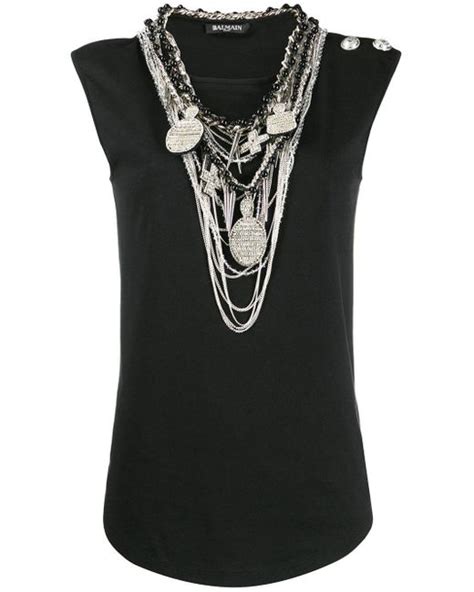 Balmain Cotton Necklace Embellished Tank Top In Black Save Lyst