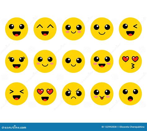 Set Of Emoji Kawai Yellow Faces Cute Emoticons Flat Smileys Vector