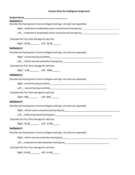 Answer Sheet For Audiogram Assignment No Name Answer Sheet For