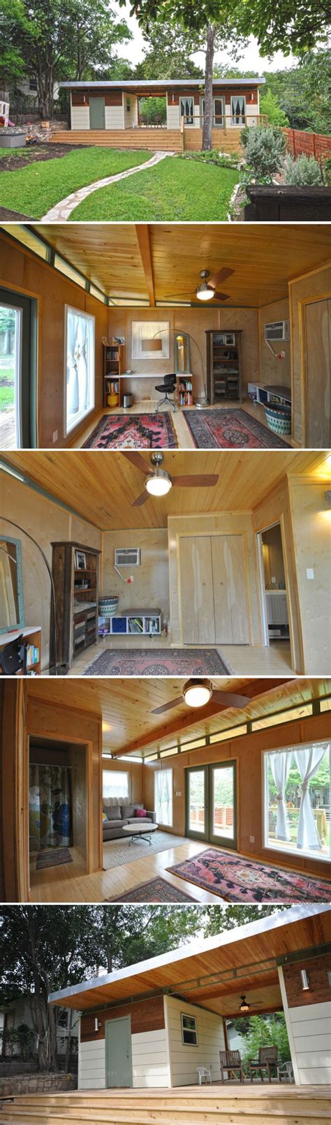 The Inside And Outside Of A House With Wood Paneling Windows And Stairs