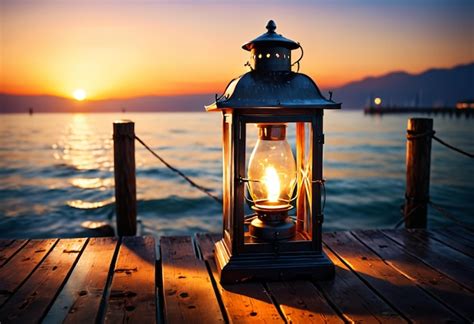 Premium Photo Lantern On Wooden Pier At Sunset Generative Ai