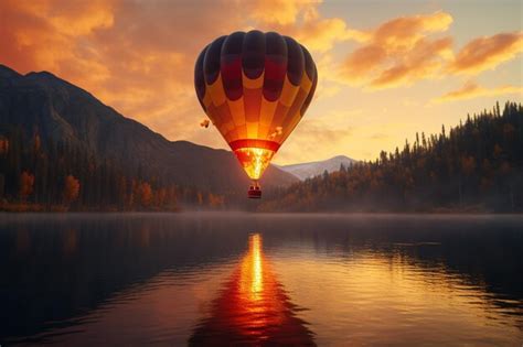 Premium AI Image A Fiery Hot Air Balloon Ascending Above A Tranquil