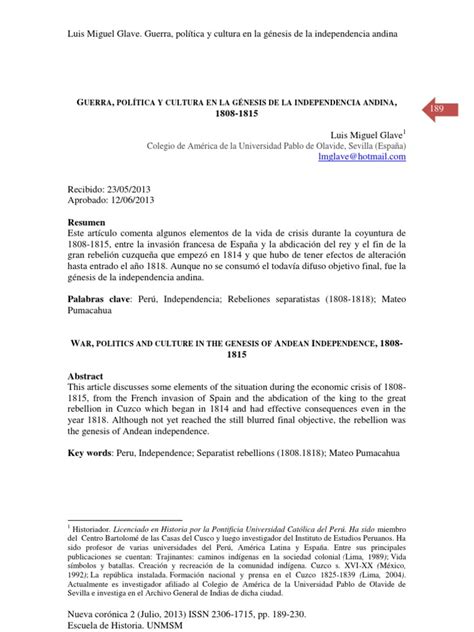 Guerra Política Y Cultura En La Génesis De La Independencia Andina 1808 1815 Pdf Perú Lima