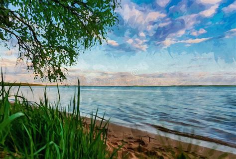 Digitally Created Watercolor Painting Of Beautiful Lakeshore Of Higgins