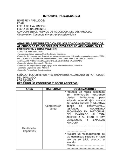 Estructura De Informe Psicologico Para Aspectos De Ps Del Desarrollo