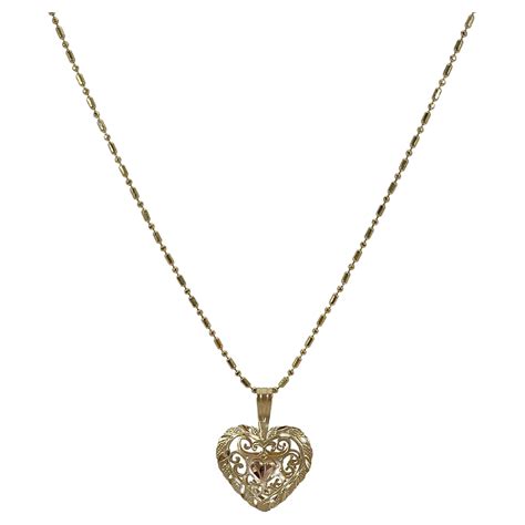 K Yellow And Rose Gold Filigree Heart Pendant Necklace For Sale At