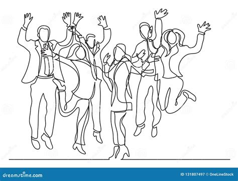 Continuous Line Drawing Of Happy Business Team Jumping Joy Stock Vector