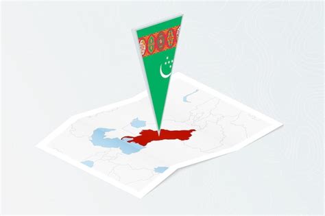 Изометрическая бумажная карта туркменистана с треугольным флагом ...