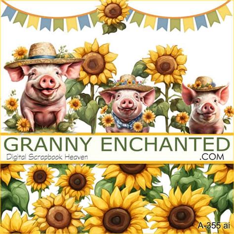 A 355 Ai Sunflower Pigs Digital Scrapbook Kit Granny Enchanted Designs