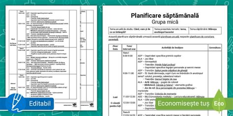 FREE Mănușa Model de planificare săptămânală grupa mică