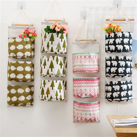 Cotton And Linen Waterproof 3 Grid Hanging Storage Pockets Over Wall Door Bags Toiletry