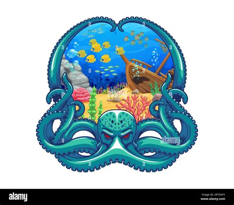 Underwater Landscape With Octopus Frame Cartoon Sea Under Water World