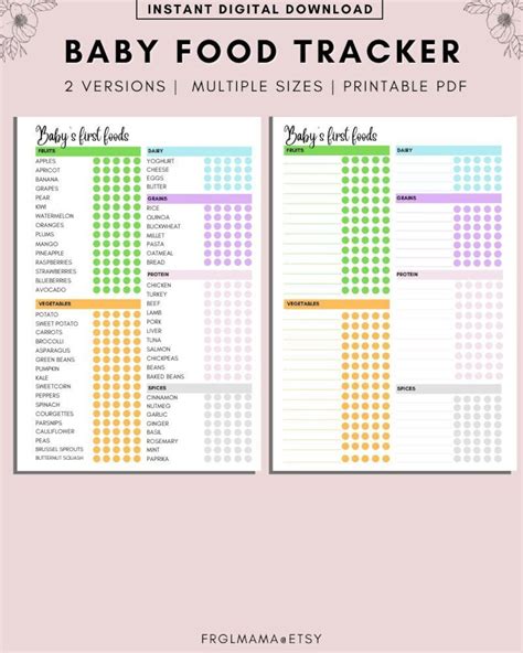 Baby Food Tracker Babys First Food Checklist Solids Tracker Baby