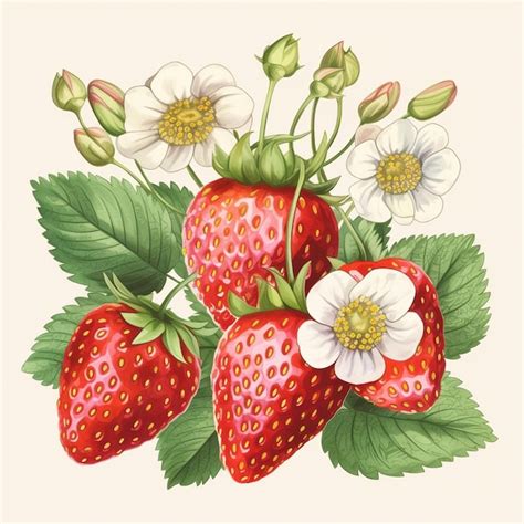 Un Dibujo De Fresas Y Flores Con Una Flor Blanca Foto Premium