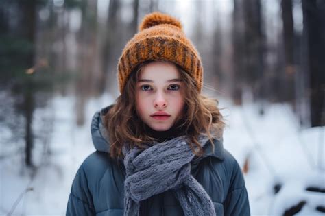 Premium Ai Image Caucasian Girl Lost In Snowy Winter Forest At Day