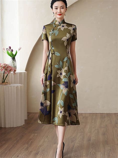 Green Floral A Line Mothers Qipao Cheongsam Dress CozyLadyWear