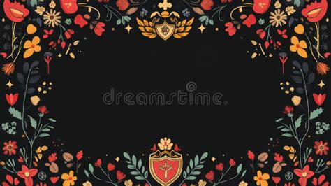 Elegant Floral Border With Heraldic Crest On Black Background Stock