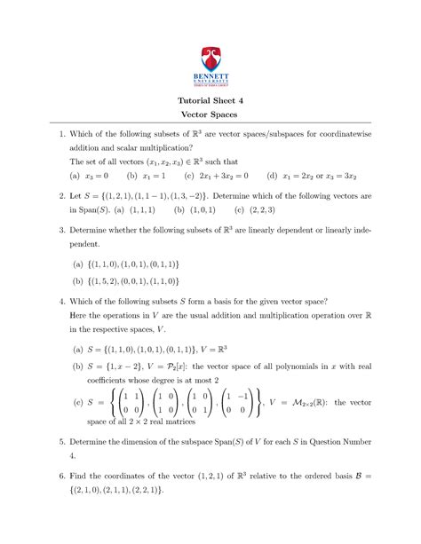 Tutorial Sheet 4 Determine Which Of The Following Vectors Are In Span S A 1 1 1 B 1