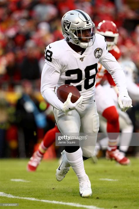 Josh Jacobs Of The Oakland Raiders Runs The Ball Against The Kansas