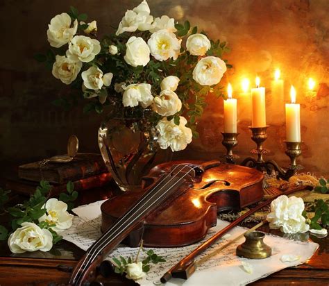 Still Life Violin Notes Flowers Candles Roses Pen Hd Wallpaper Artofit