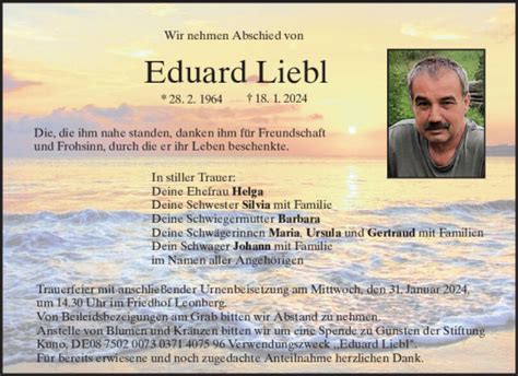 Traueranzeigen Von Eduard Liebl Mittelbayerische Trauer