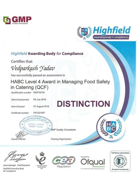 Food Safety Level 4 Certificate