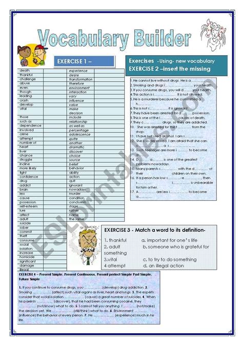 Vocabulary Builder Addictions 4 Exercises Key Included Esl