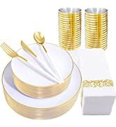 Amazon Nervure 125PCS White And Gold Rim Plastic Plates