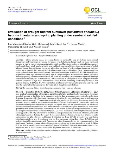 Pdf Evaluation Of Drought Tolerant Sunflower Helianthus Annuus L