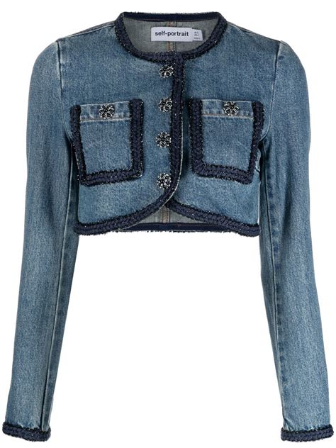 Self Portrait Crystal Embellished Braid Trim Cropped Denim Jacket In Blue Modesens