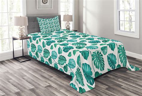 Green Leaf Bedspread Set Tropical Palm Tree Leaves Exotic Hawaiian Foliage Rainforest Jungle